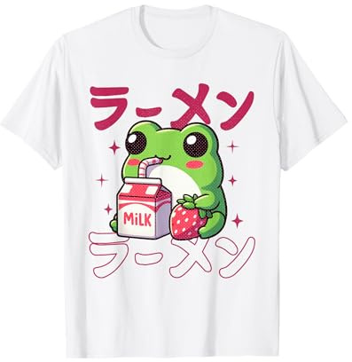 Mignon Rétro Japonais Kawaii Anime Grenouille Fraise Milk Shake T-Shirt