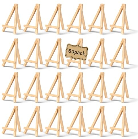 LIQWEI 60PCS 5 Inch Mini Wood Display Easel, Tabletop Wooden Mini Easel Artist Tabletop Canvas Stand Small Wooden Easels Stand Tripod for Canvases Photos Art Crafts Painting Phone Holder