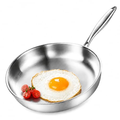 Nontoxicook 20cm Tri-Ply Stainless Steel Frying Pan | Non-Toxic PFAS-Free Uncoated Induction Skillet, Oven Safe, Fast Even Heat for Eggs, Steak and Vegetables