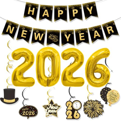 Silvester Deko Set 2026 - Schwarz Gold Neujahr Party Silvesterdeko, 2026 Folienballons, Happy New Year Banner, Hängedeko Wirbel, Neujahrsdeko Set