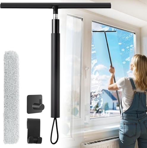 Extendable Shower Squeegee Window Cleaner 140cm Telescopic Rod Rubber Lip | Include 2 Hook Equipment I Multi-Purpose Shower Squeegees for Window Cleaning Bathroom Shower Doors & Glass Conservatory Car