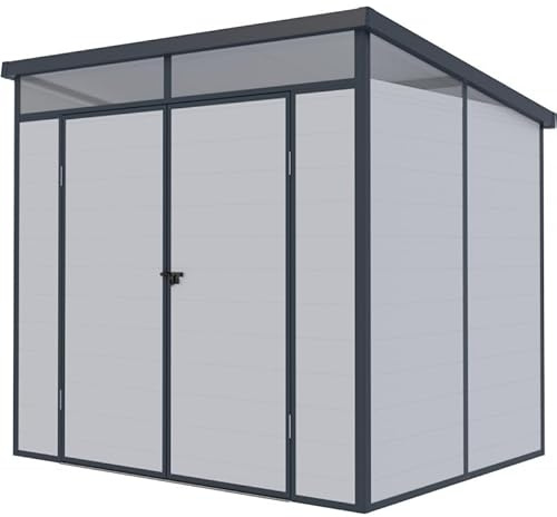 Jôbu Abri de Jardin Résine 4,10m² | Gris Clair, Toit Plat Skylight, Plancher Inclus | Structure Aluminium, Double Porte, Fenêtres Zénithales | Rangement Extérieur Robuste et sans Entretien