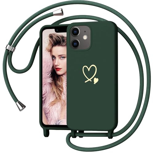 Yichxu Funda para iPhone 12 Mini con Cuerda, Carcasa Suave TPU Líquida Silicona, Patrón de Corazón, Case con Correa Colgante Ajustable Collar, Correa de Cuello Cadena Cordón Antigolpes Cover, Verde