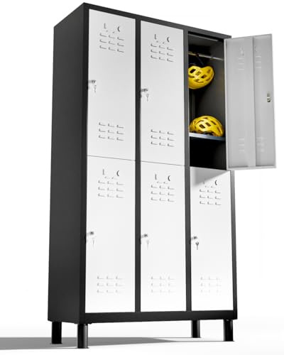 TwinThink Metal Locker, 6-Door Lockable Metal Storage Unit with Keys, Freestanding Garage Storage Unit, Lockers for Workplace Storage, Staff, Office, Gym, Changing Room and Workshop (Black/White)
