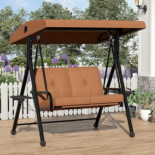 Garvee Hollywood Swing a 2 Posti Tettuccio Parasole Regolabile Struttura Portante Altalena Giardino Cuscino Rimovibile Portabicchieri Tavolo Pieghevole Idrorepellente Patio, Giardino Fino a 280 kg