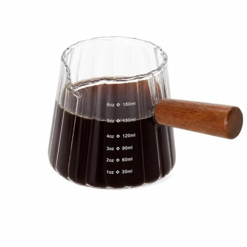 180ml/6 oz Tazas de Cafe de Vidrio, Vidrio de Medición Expreso | Vasos Cafe Cristal de Chupito Medidor de Espresso con Mango de Madera para Capuchino Té Leche Helado