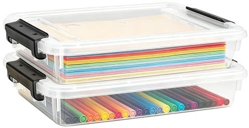 2Pack A4 Storage Box with Lids, 4.5L A4 Clear Plastic Craft Storage Bins | Stackable Portable Project Case, Comic Book Storage, File Paper Storage , Photo Storage Box, Board Game Storage