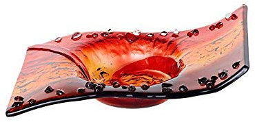 CRISTALICA Kerzenteller Welle Kerzenhalter Schale Fusing Glas rot orange 13x19cm Handmade