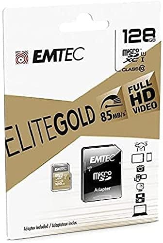 EMTEC ECMSDM128GXC10GP - Carte microSD - Classe 10 - Gamme Elite Gold - UHS-I U1 - Avec adaptateur Performance - Vitesse de lecture jusqu'à 85MB/s -Noir/Or - 128 Gb