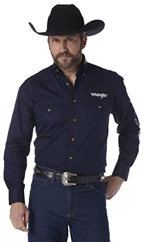 Wrangler Men's Big and Tall Logo Two Pocket Long Sleeve Shirt, Navy, 3X