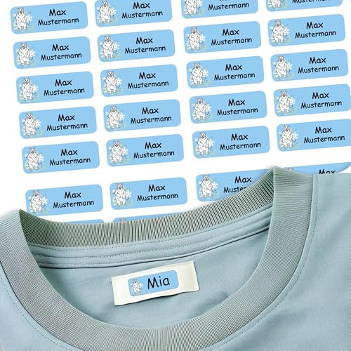 Sunnywall® 37 Selbstklebende Namensschilder & Namensaufkleber für Kleidung & Gegenstände - waschmaschinengeeignet | Ideal für Kinder, Schule und Kita (3,8x1,4 cm) (Eisbär 03)