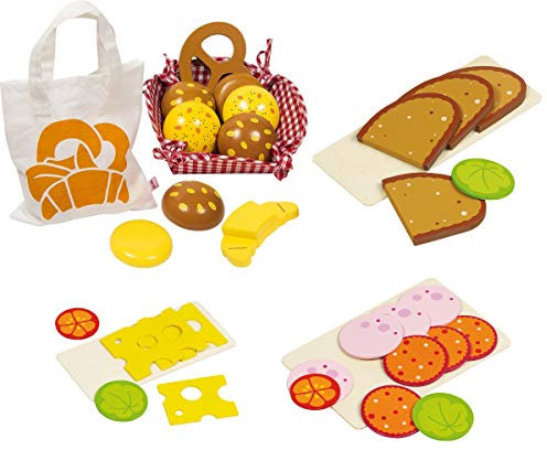 Ameisenkeks ® Großes Frühstück aus Holz mit Backwaren, Aufschnitt, Salat, Brettchen, Brotkorb für die Puppenküche