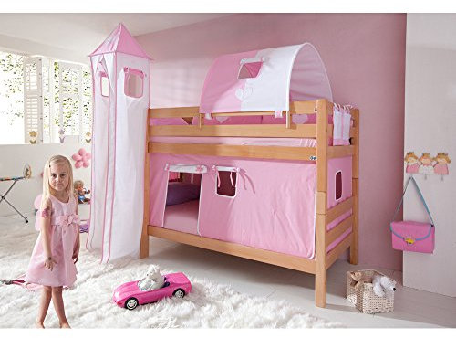 Relita Etagenbett Brit mit Stoffset rosa/weiß, Buche massiv Natur lackiert