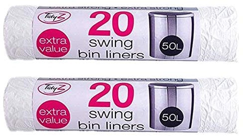 TidyZ 20 x Extra Strong Swing Bin Liners with Tie Handles Refuse Sacks White 50 Litres - 90 x 120cm (40 Bags)