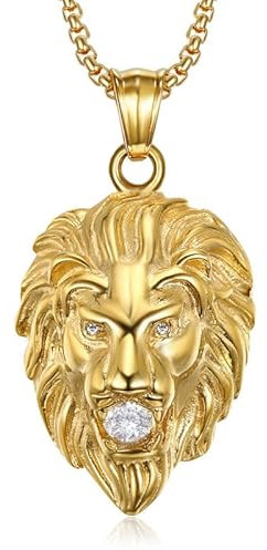 BOBIJOO Jewelry - Pendentif Tête de Lion Homme Femme Faux Diamants Yeux Bouche Acier Inoxydable Or Plaqué Doré Chaîne