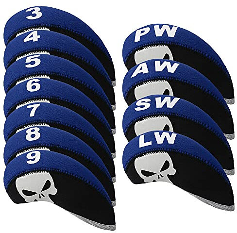 TOHMLAPE Golf 11Pcs/set Golf Clubs Iron Head Covers Headcovers Skull Print Soft Neoprene Golf Club Protector with Number Tag (Blue)