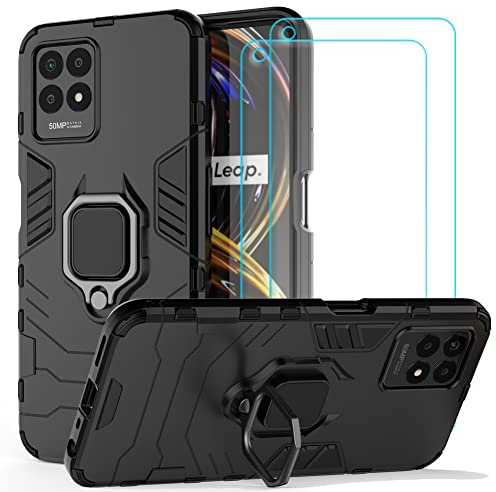 Ytaland Ring Funda Compatible con Realme 8i, con 2 Unidades Cristal Templado Protector de Pantalla, Silicona Carcasa con 360-Grados Anillo Giratorio para Soporte de Coche Magnético(Negro)
