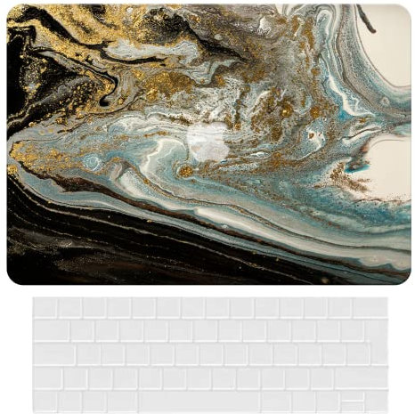 BYCeKe Kompatibel mit MacBook Air 13 Hülle 2022-2018 Modell M1 A2337 A2179 A1932, Hülle Kompatibel mit MacBook Air M1, Plastik Laptop-Schale Case Schutzhülle & Tastaturschutz, Schwarzgold Marmor