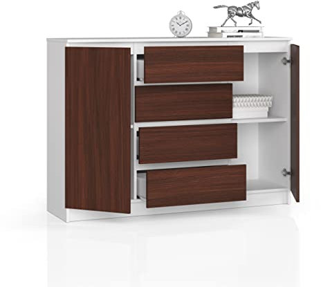 BDW Kommode mit 4 Schubladen und Zwei Türen, Sideboard, Multifunktionsschrank, Wohnzimmer, Esszimmer 138x99x40cm VIELE Farbe! (Weiß - Wenge)