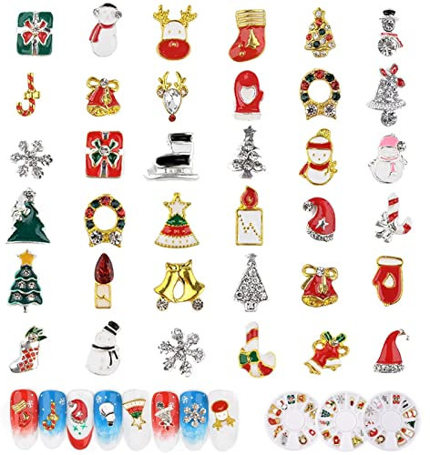 RUNRAYAY 3 Boxes 3D Christmas Nail Art Charms, 36Pcs Nail Studs Diamonds Rhinestones for Nail Art Accessories, Retro Nail Jewelry Decoration for DIY Crafts Nail Decor