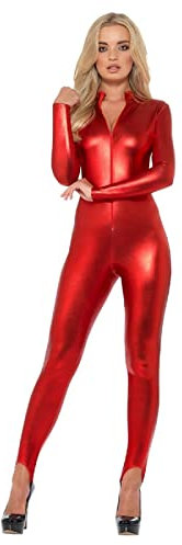 MIMIKRY Catsuit Rot Metallic Teufel Boxenluder Domina Damen-Kostüm Overall Anzug kinky sexy Lack Leder, Größe:S