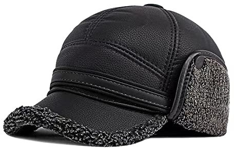 MUYAN Baseball Cap mit Ohrenklappen Herren PU Leder Schirmmütze mit Nackenschutz Winddicht Warm Wintermütze (Schwarz (58-60cm))