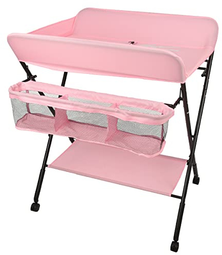 Wickeltisch mit Rollen, faltbar und tragbar, für Neugeborene und Babys, mobiler und multifunktionaler Tisch, höhenverstellbar, mit Organizer für Windeln