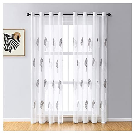 Aotiwe Schiebegardinen Fenster, Schlaufenschal Grau Blätter Muster Baumwolle Leinen Polyester 2 Stücke 137X214cm