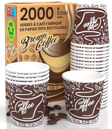 2000 Gobelets Carton pour Cafe Jetable 65ml - Verres BrownCUP Biodégradables Petits Compostable et Écologiques pour Bureau Bar Plats à Emporter Hôtel et à La Maison
