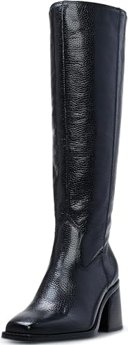 Vince Camuto Sangeti Wide Calf Stacked Heel Knee High Boot, Black Leather Wide Calf, 7