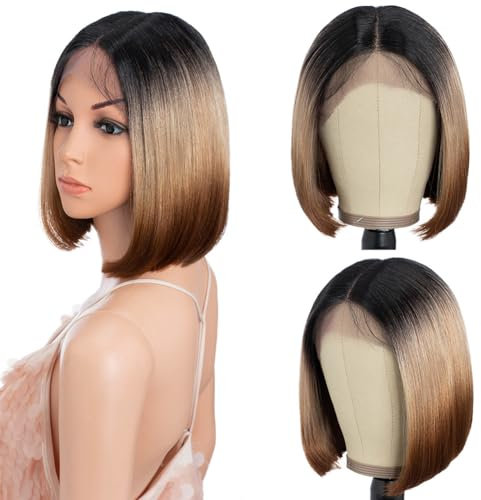 Style Icon Perücke Bob Wig Lace Front Wigs for Black Women Straight Synthetic Wig 130% Density High Temperature Fiber (9.5 Inch, TT4/BLDBR)