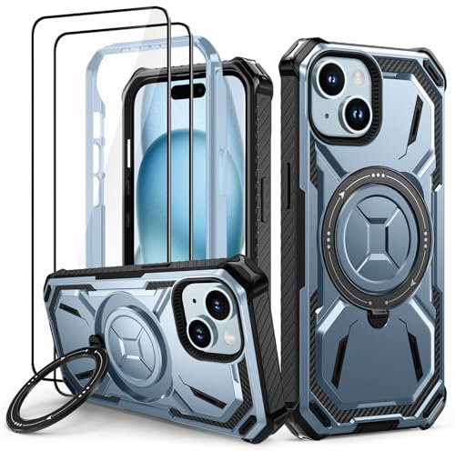 Lanhiem für iPhone 15 Hülle mit 2 Stück Schutzfolie, 360° Ring Ständer Schutzhülle, Militärischer Stoßfest Handyhülle für iPhone 15 Case, Blau