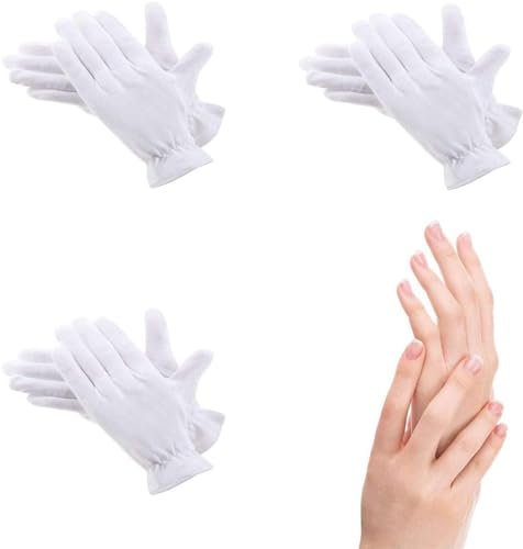 3 Pairs Moisturizing Gloves Over Night Bedtime White Cotton Cosmetic Inspection Premium Cloth Quality Eczema Dry Sensitive Irritated Skin Spa Therapy Secure Wristband One Size Fits Most