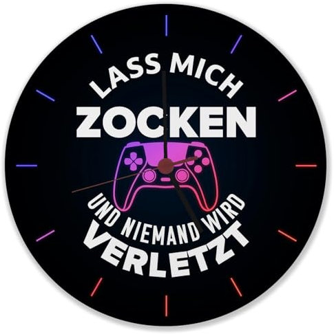 speecheese Lass Mich zocken und niemand Wird verletzt Wanduhr Uhr für Zocker und Konsolennerds mit witzigem Spruch und Controllermotiv Dekoration für das Gamerzimmer