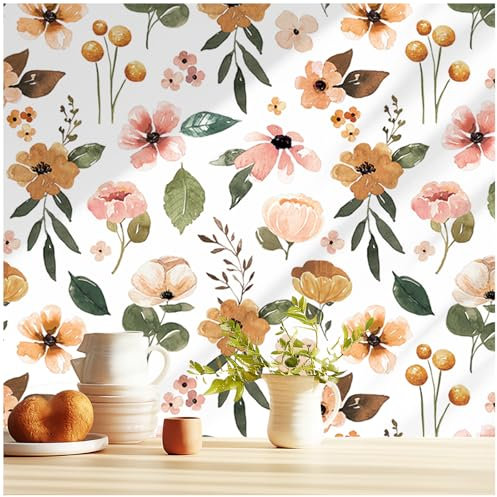 HAOKHOME Vintage Beige Wallpaper Peel and Stick Floral White/Yellow/Green Vintage Wall Paper for Bathroom Kids Contact Paper 3m x 44.5cm