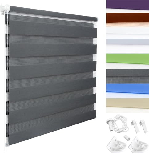 Doppelrollo Klemmfix ohne Bohren 75 x 140 cm Blickdicht Sichtschutz Sonnenschutz Verdunkelungsrollo Klemmrollo Thermorollo Einfache Montage, Pflegeleich für Fenster & Türen, Dunkelgrau