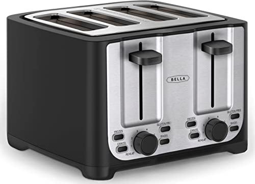 BELLA 4 Slice Toaster with Auto Shut Off, Extra Wide Slots & Removable Crumb Tray, Cancel, Defrost & Reheat Function, Toast Bread, Bagel & Waffle, BPA Free, Stainless Steel & Black