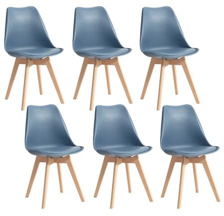 TTATC Pack de 6 Sillas de Comedor con Patas de Madera Maciza de Haya, Sillas de Cocina de Diseño Nórdico Sillas de Oficina de Madera con Asiento Acolchado,Azul Marino