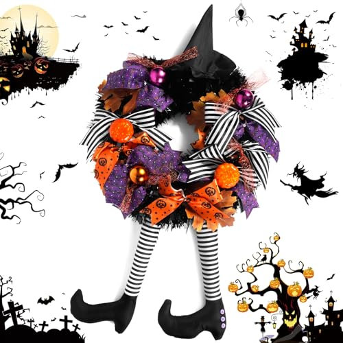 BUOAZR Décoration de Guirlande de Jambe de Sorcière d'halloween, Couronne Halloween, Effrayante Sorcière Chapeau et Citrouille, Décoration Halloween Couronne de Porte, pour Cour, Porche, Fenêtres