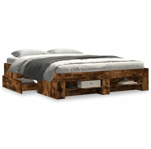 vidaXL Bed Frame - Smoked Oak King Size 150x200cm Engineered Wood with Storage and Slatted Base
