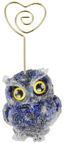 mookaitedecor Lapislazuli Kristall-Eule, Ornament, Tier, Memo, Notizen, Fotohalter, Clip, Herzform, Kunstharz, Stein, Blau, Eule, Geschenk für Damen und Herren, Bürotisch, Tischkartenständer,