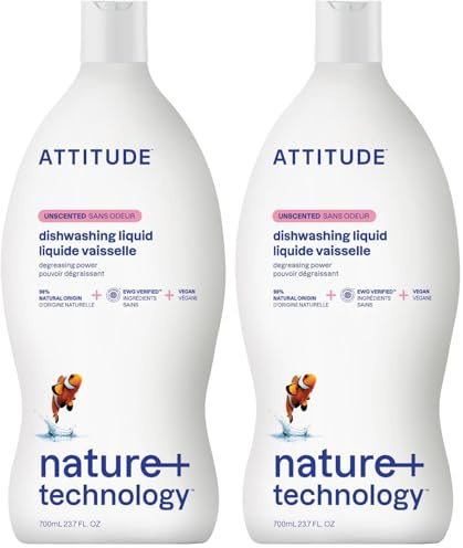 ATTITUDE Washing-Up Liquid, EWG Verified, Vegan Dish Soap, Plant Based, Naturally Derived Products, Unscented, 700 mL (Pack of 2)