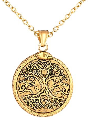 INFINIONLY Tree of Life Gold Medallion Necklace for Mens Womens Fashion Stainless Steel Amulet Round Pendant Coins for Teenagers Vintage Carving Floral Necklaces with 55cm Chain Novelty Jewellery