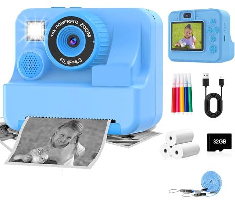 Kids Camera, Instant Camera for Kids with 32GB Card, 1080P HD Kids Camera Instant Print, Digital Camera for Kids with 3 Rolls Print Paper and Colour Pens, Birthday Holiday Choice for Kids