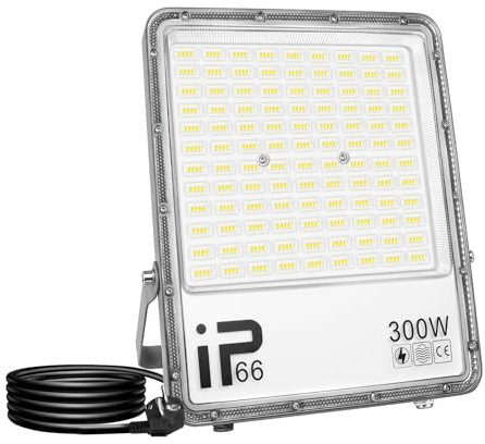 RIGIDON 1x 300W LED Strahler Außen mit Stecker, 30000LM Außenstrahler, 6000K Kaltweiß IP66 Wasserdicht LED Fluter Scheinwerfer Flutlicht für Garten, Innenhöfe, Garage, Terrassen, Hof (1.5M Netzkabel)