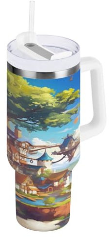 OWFKAY Bouteille d'eau isotherme en acier inoxydable avec couvercle et paille Motif château magique