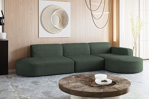 Kaiser Möbel - Sofa L Form - Ecksofa Cord - 296 cm lang, 165 cm breit - Wohnzimmer Couch Extra Groß, Bequemer Sitz mit gewellten Federn und HR Schaum - Modena Sofa Grün - Ottomane Rechts
