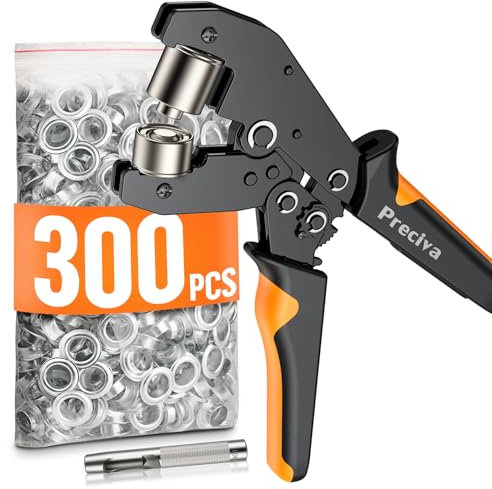 Preciva Occhielli per Teloni Professionali, Occhiellatrice per Teloni Multifunzione,con 300 Pezzi Occhiello (Ø Interno 10mm),per Pelle Telone Cartone PVC Tessuto e Tende da Sole etc