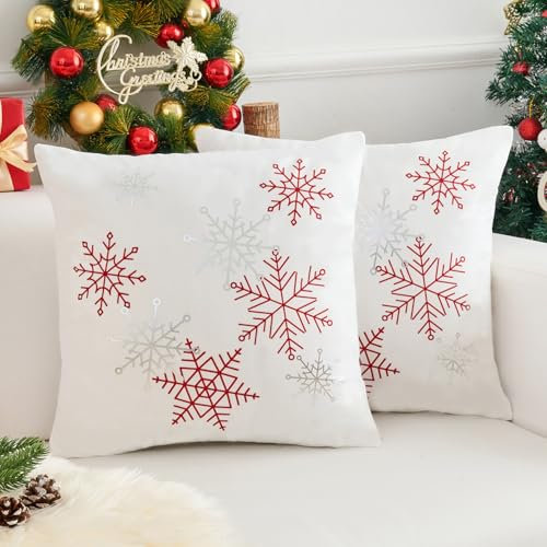 Weiß Samt Kissenbezug Weihnachten 45x45 Weihnachtliche Rot Schneeflocken Muster Weihnachts Winter Kissenbezüge für Dekokissen Sofakissen Weihnachtsdeko Geschenk Wohnzimmer Schlafzimmer Balkon