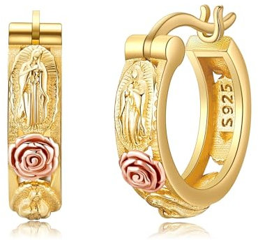 Ohrringe mit der Jungfrau Maria Creolen aus Sterlingsilber 18 Karat Gelbgold Plattiert Ohrringe mit der Jungfrau Maria „Unsere Liebe Frau von Guadalupe“ katholischer Schmuck für Damen